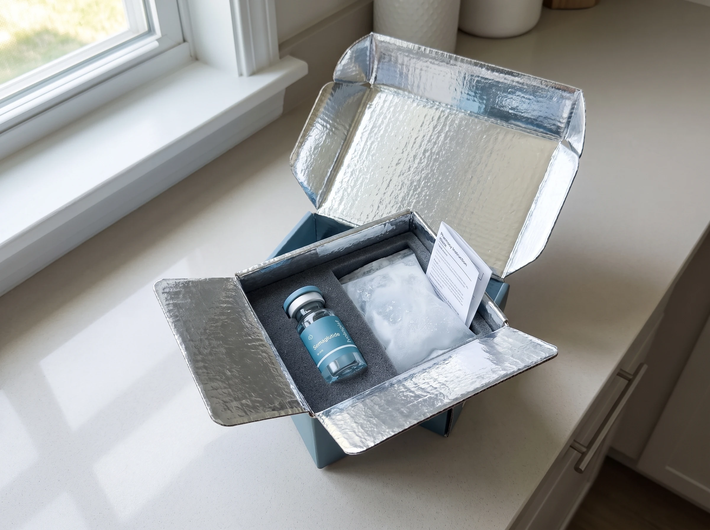 An opened insulated shipping box on a kitchen counter with an Ivologist semaglutide vial, a gel ice pack and a pharmacy instruction sheet