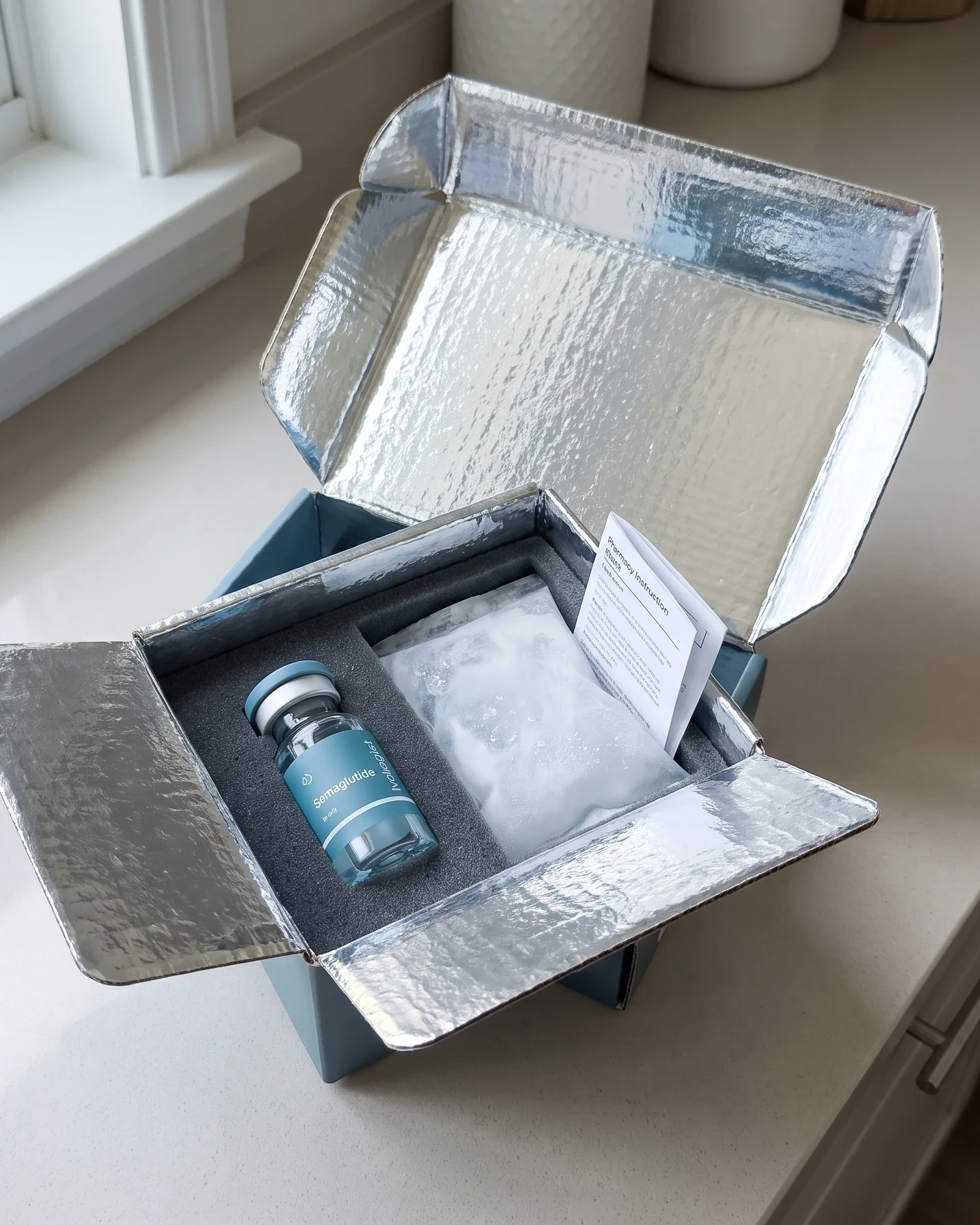An opened insulated shipping box on a kitchen counter with an Ivologist semaglutide vial, a gel ice pack and a pharmacy instruction sheet