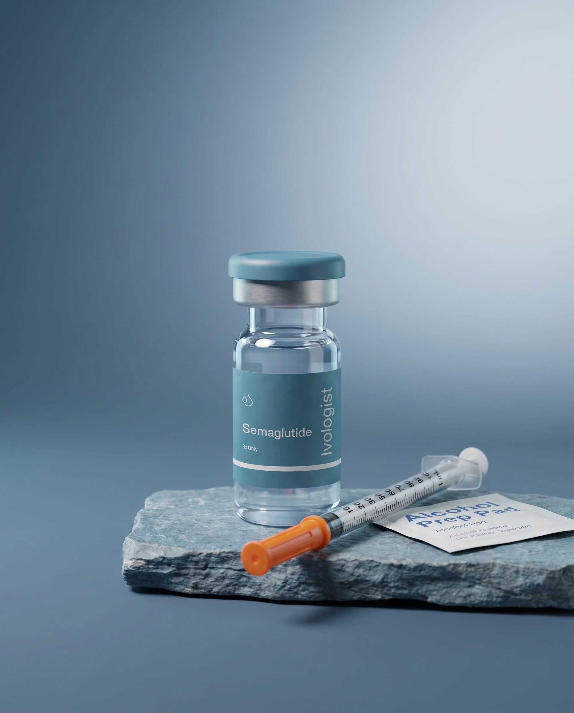 Ivologist semaglutide vial standing on a stone slab beside an insulin syringe and an alcohol prep pad