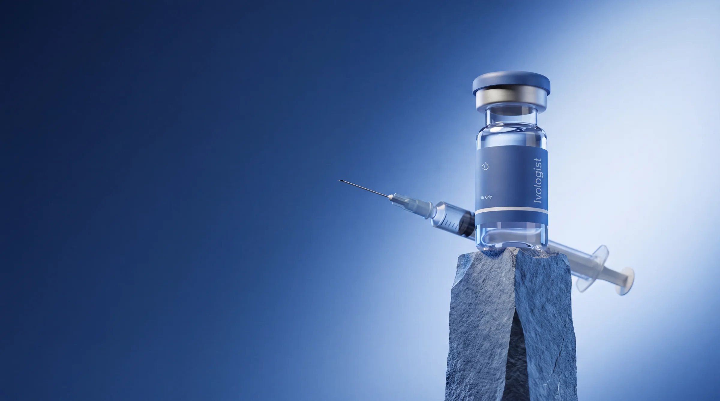 Ivologist peptide vial and syringe on a stone pedestal