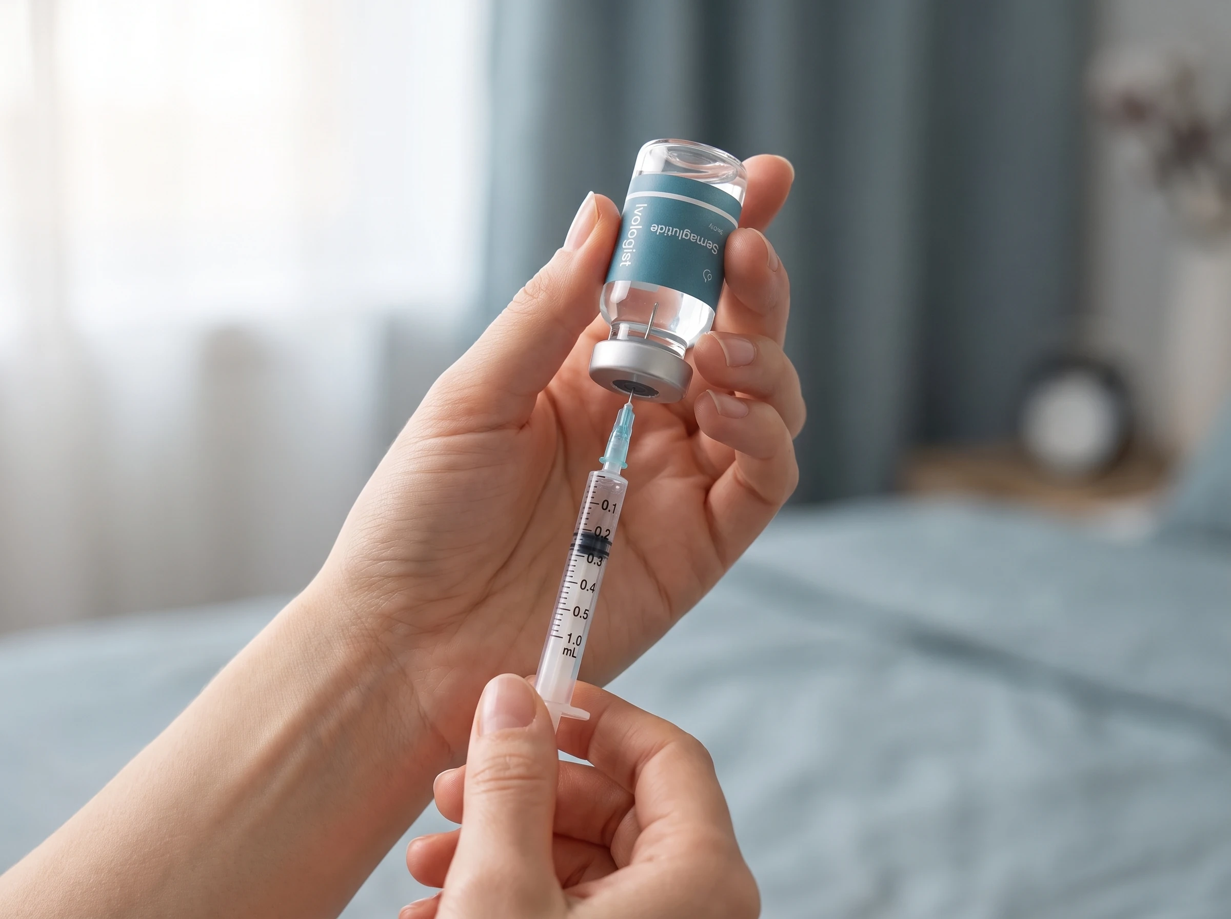 Hands holding an inverted Ivologist vial while drawing medication into an insulin syringe