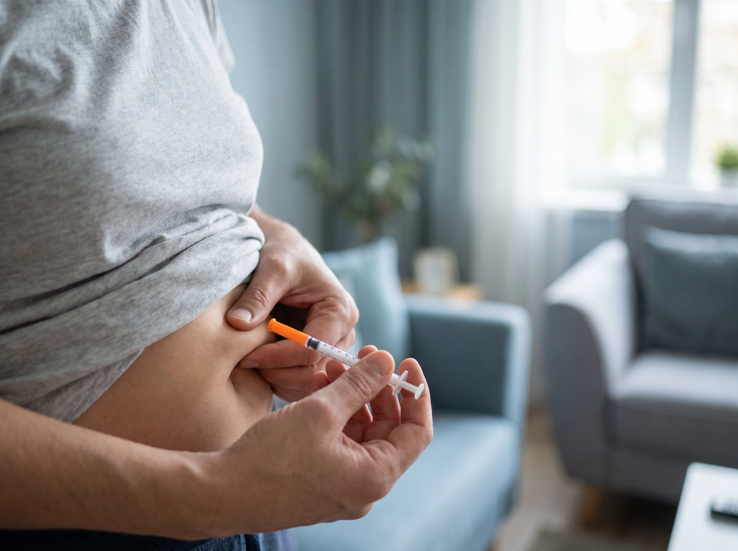 A person pinching a fold of skin on their abdomen and holding an insulin syringe at a 90-degree angle