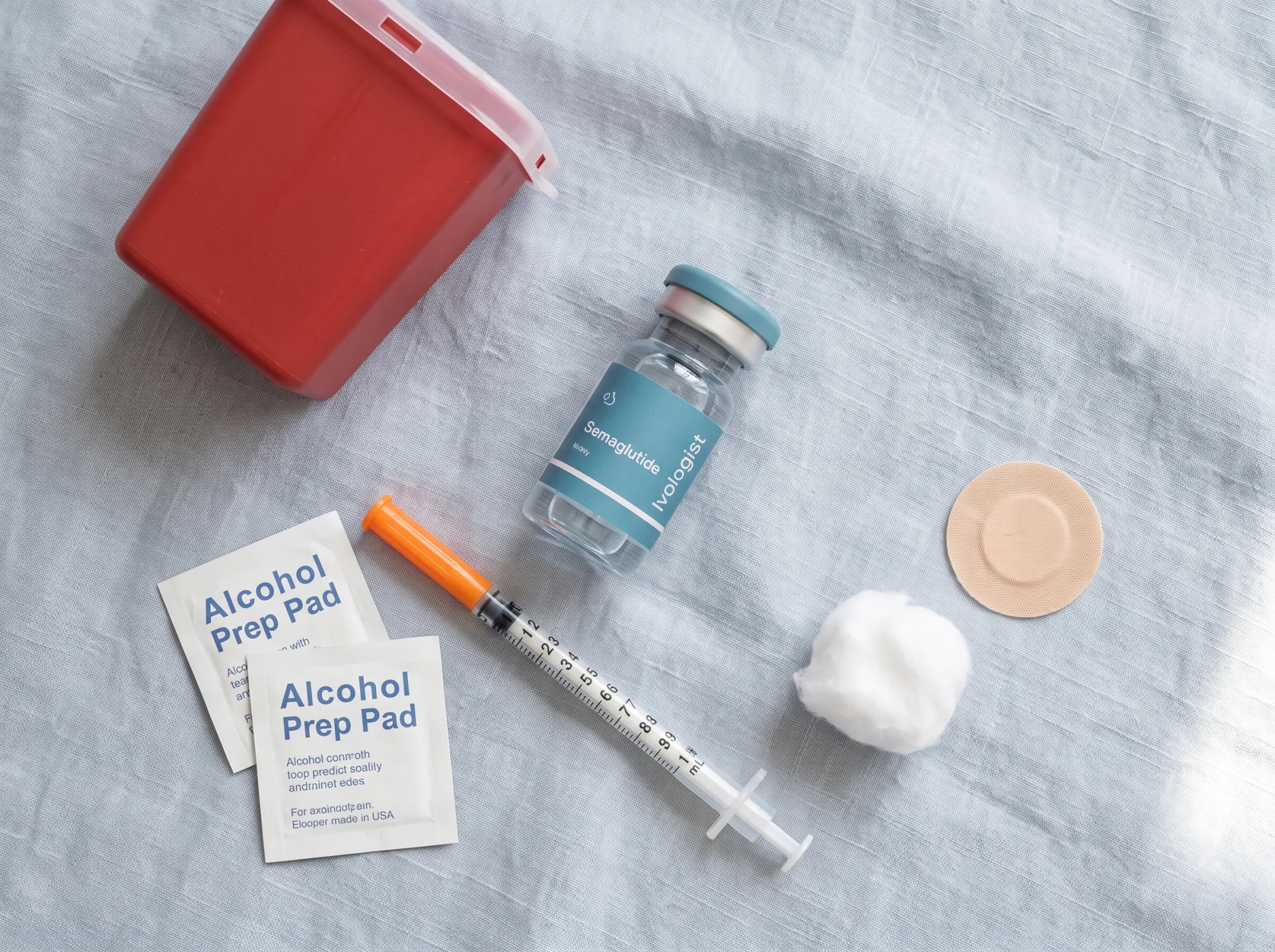 Injection supplies laid out: Ivologist semaglutide vial, insulin syringe, alcohol prep pads, cotton ball, bandage and a sharps container