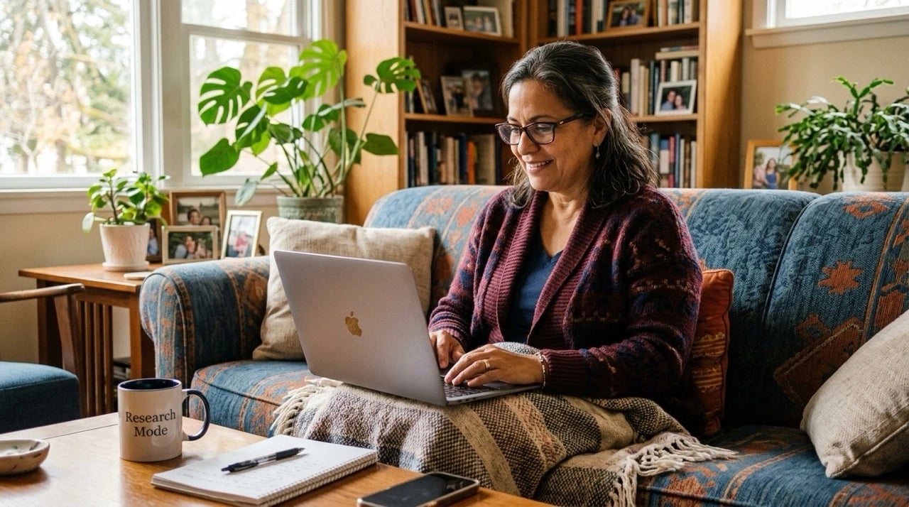 Person sitting on a couch using a laptop, smiling during a telehealth or research session
