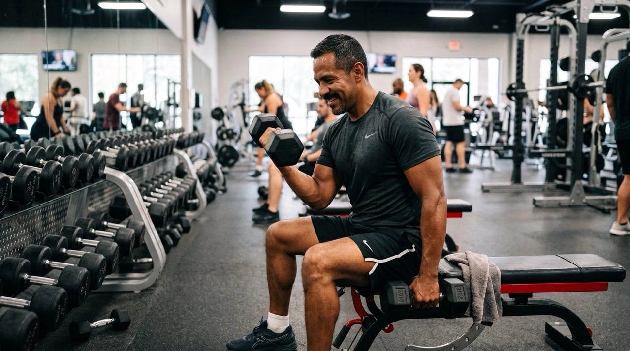 Man lifting dumbbell on bench in a gym