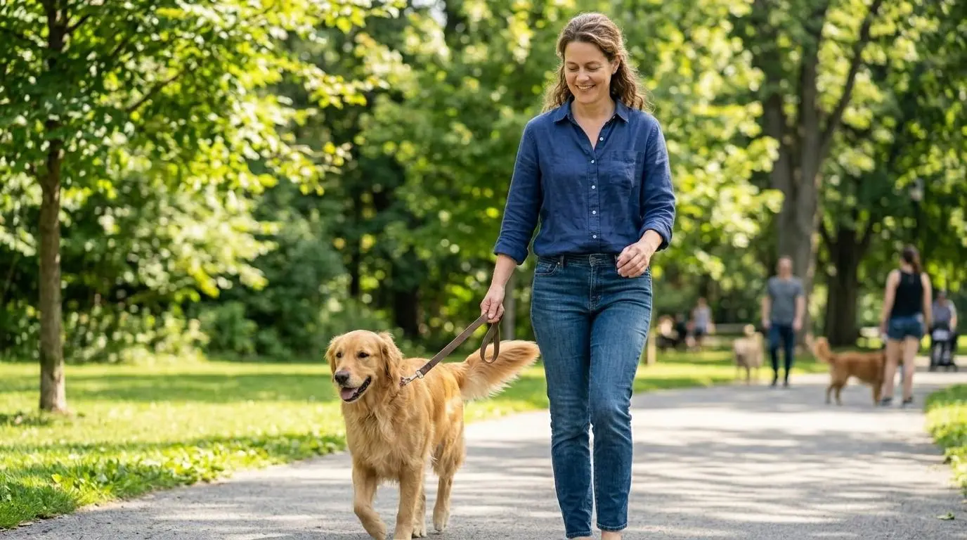 A women taking her dog for a walk