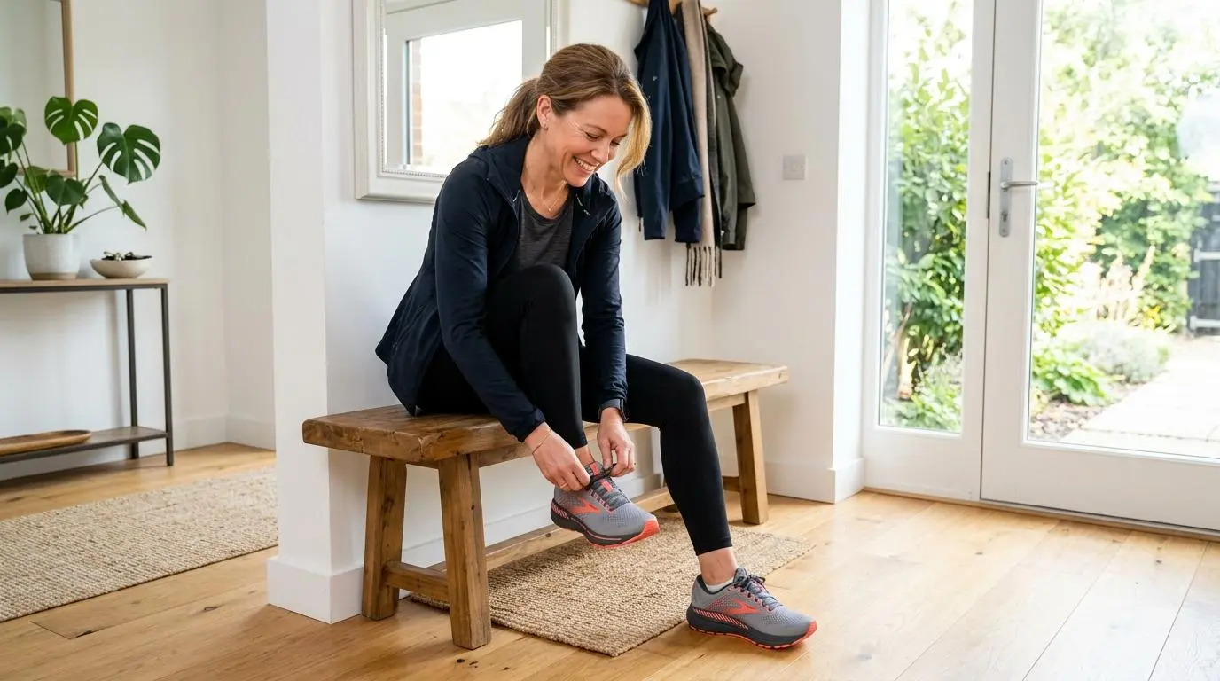 Women tieing her shoe laces.