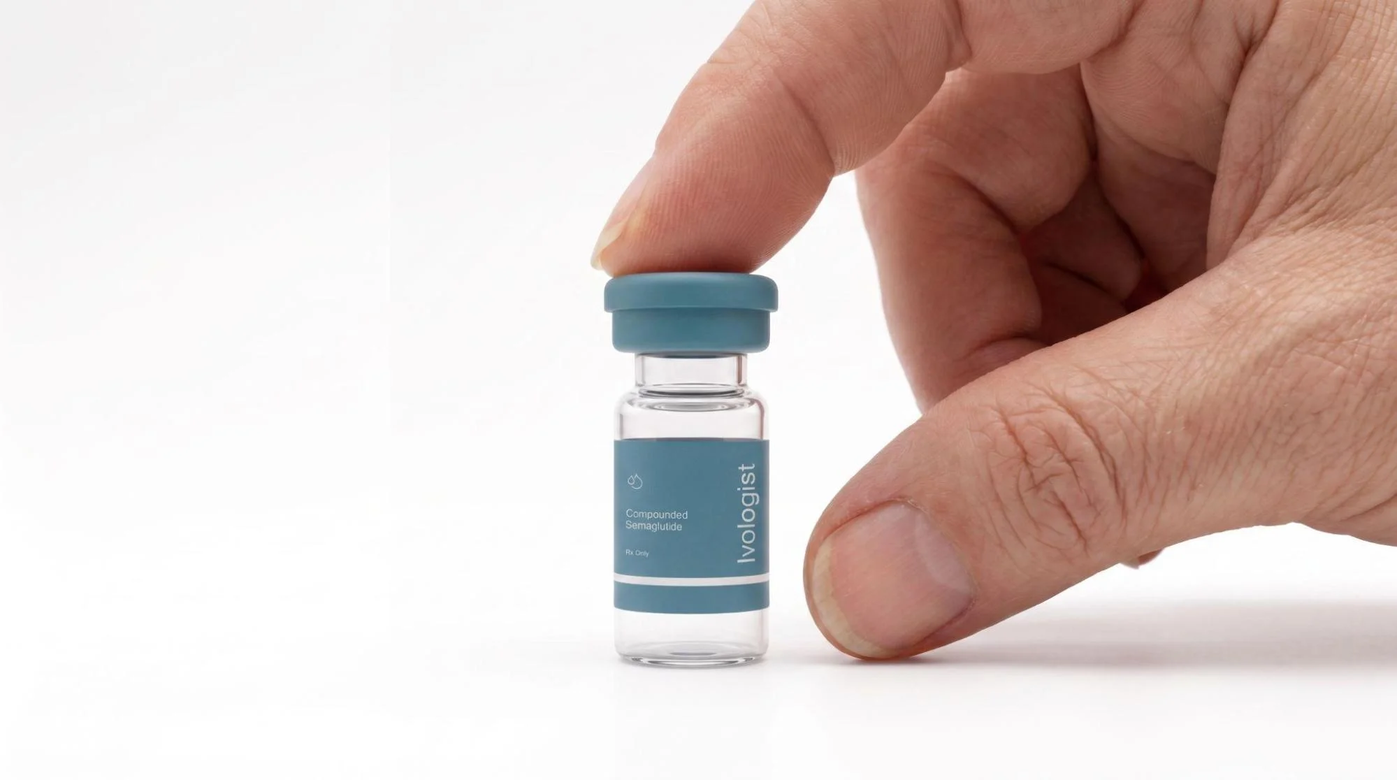Hand holding a small semaglutide vial against a plain white background