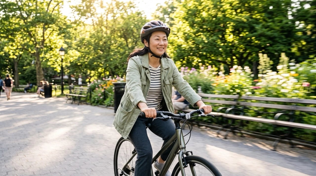 A woman riding bicycle in city
