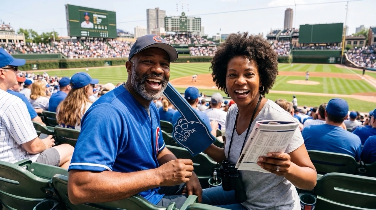 Smiling man and woman holding drinks and cheering at a baseball stadium game