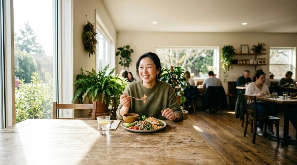 Woman enjoying a balanced healthy meal as part of a clinician-guided GLP-1 weight loss program