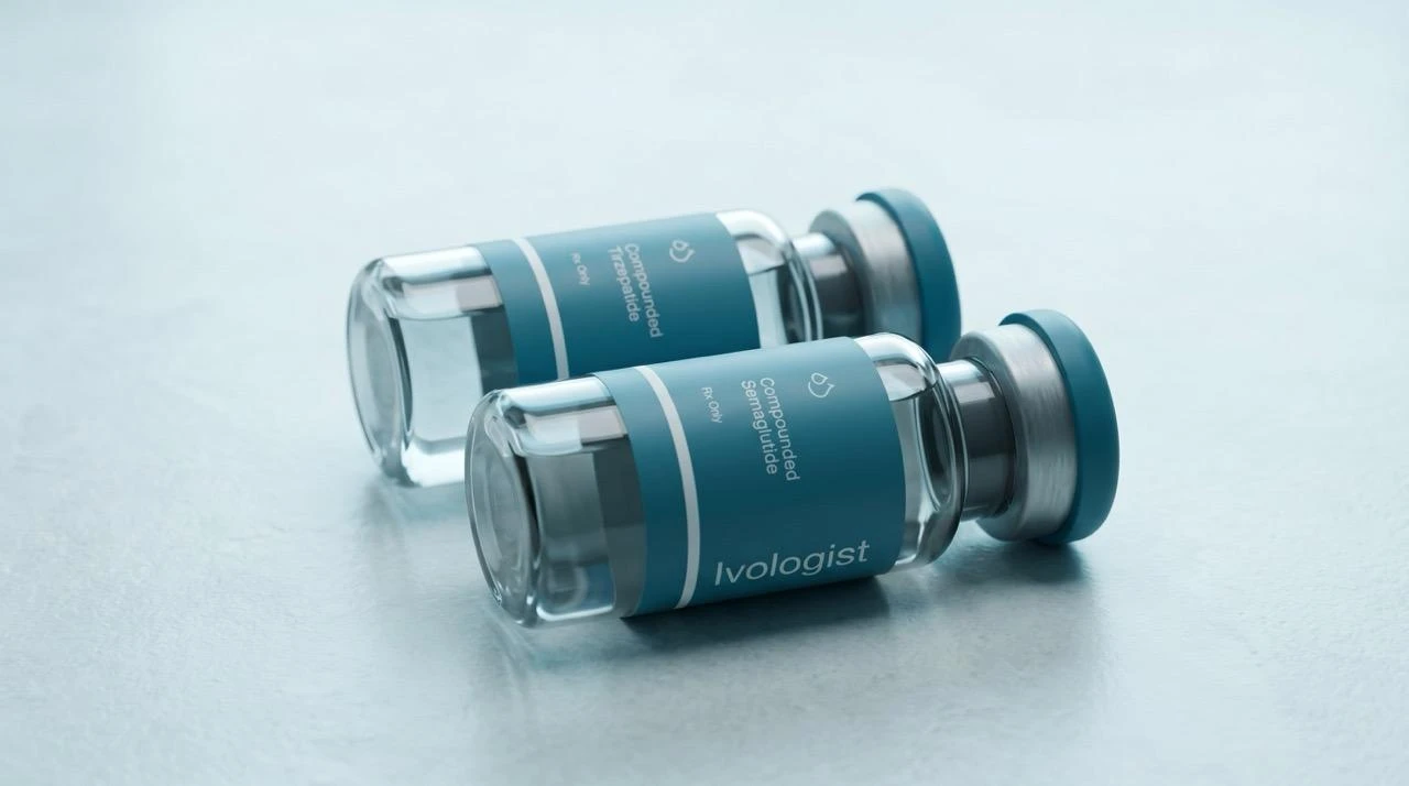 Two vials of compounded tirzepatide and compounded semaglutide from Ivologist