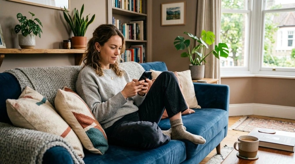 Woman completing a remote clinical check-in on her smartphone from home