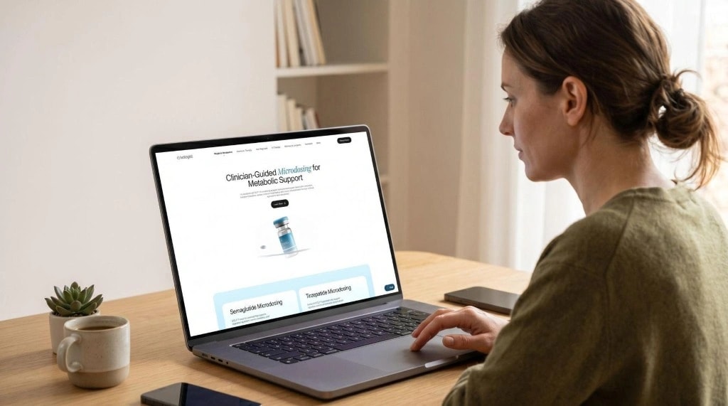 Patient viewing Ivologist's clinician-guided microdosing and metabolic support program on laptop