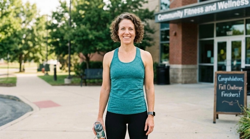 Smiling active woman with water bottle maintaining long-term health and fitness results outside a community wellness center